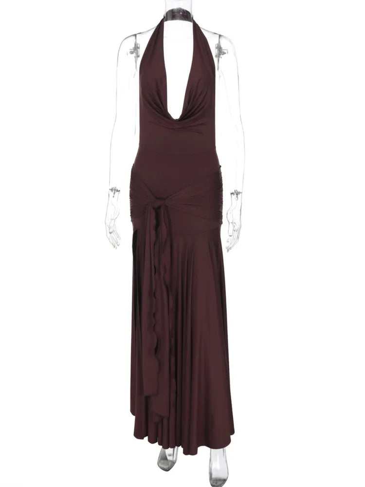 Halter Deep V Neck Sexy Maxi Dress For Women Gown Sleeveless Backless Thigh High Split Ruched Bodycon Long Dress