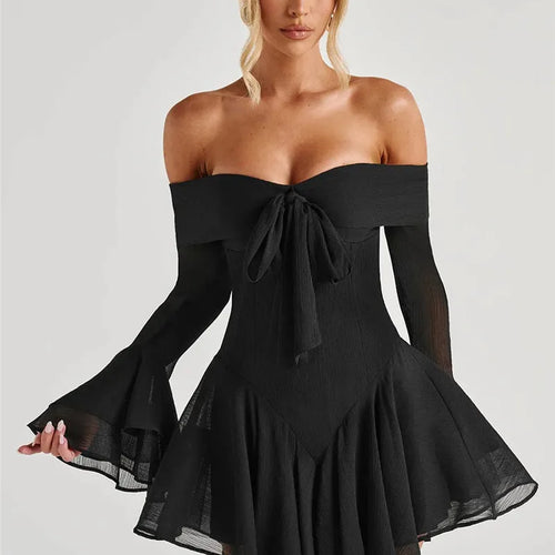 Load image into Gallery viewer, Strapless Long Flare Sleeve Sexy Mini Dress For Women Robe Off-shoulder Backless High Waist A-line Club Party Dress
