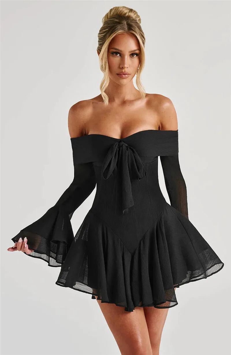 Strapless Long Flare Sleeve Sexy Mini Dress For Women Robe Off-shoulder Backless High Waist A-line Club Party Dress