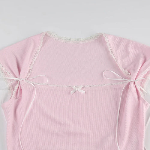 Load image into Gallery viewer, Korean Style Lace Trim Pink Women T-shirts Bodycon Square Neck Bow Cropped Top Cute Coquette Baby Tees Girls Clothing
