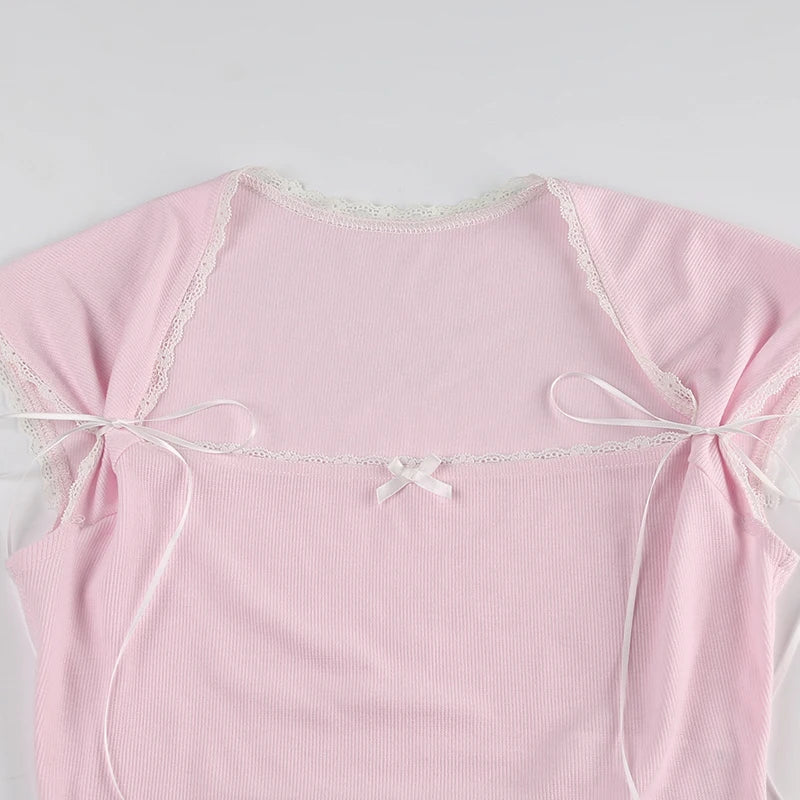 Korean Style Lace Trim Pink Women T-shirts Bodycon Square Neck Bow Cropped Top Cute Coquette Baby Tees Girls Clothing