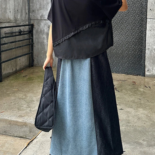 Load image into Gallery viewer, High Elastic Waist Black Lace Denim Color-block A-line Half-body Skirt Women Fashion Tide New Spring Autumn 2025 1DJ1293
