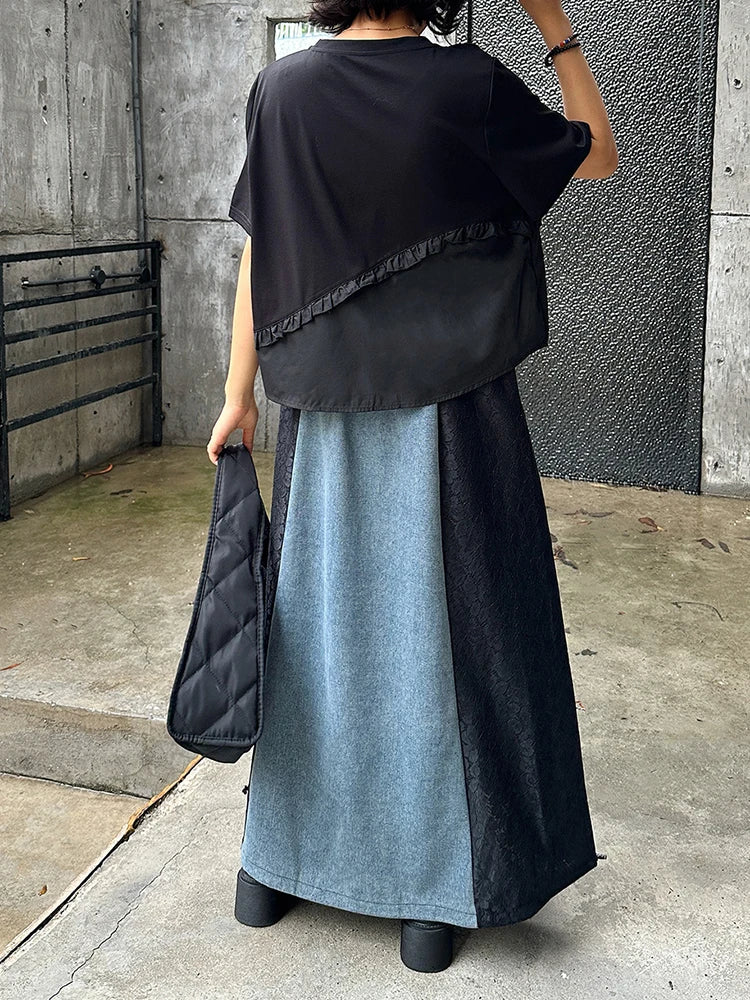 High Elastic Waist Black Lace Denim Color-block A-line Half-body Skirt Women Fashion Tide New Spring Autumn 2025 1DJ1293