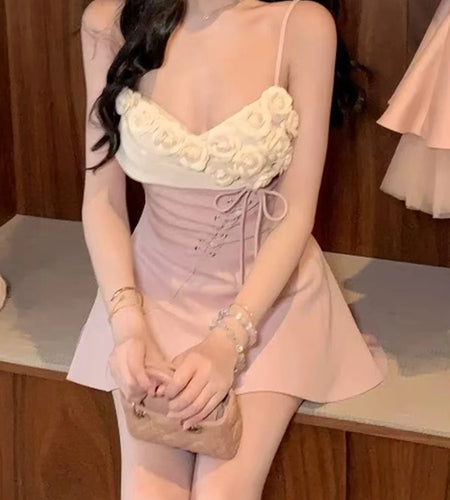 Hit Color Spliced Appliques Temperament Dresses for Women V Neck Sleeveless Patchwork Lace Up Mini Dress Female New