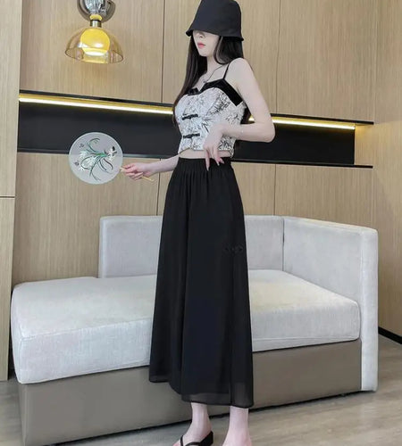 Chinese Style Summer Black Blue Elastic High Waist Ankle-length Trousers Women Brown Wide Leg Pleated Pants Simplicity Clothing