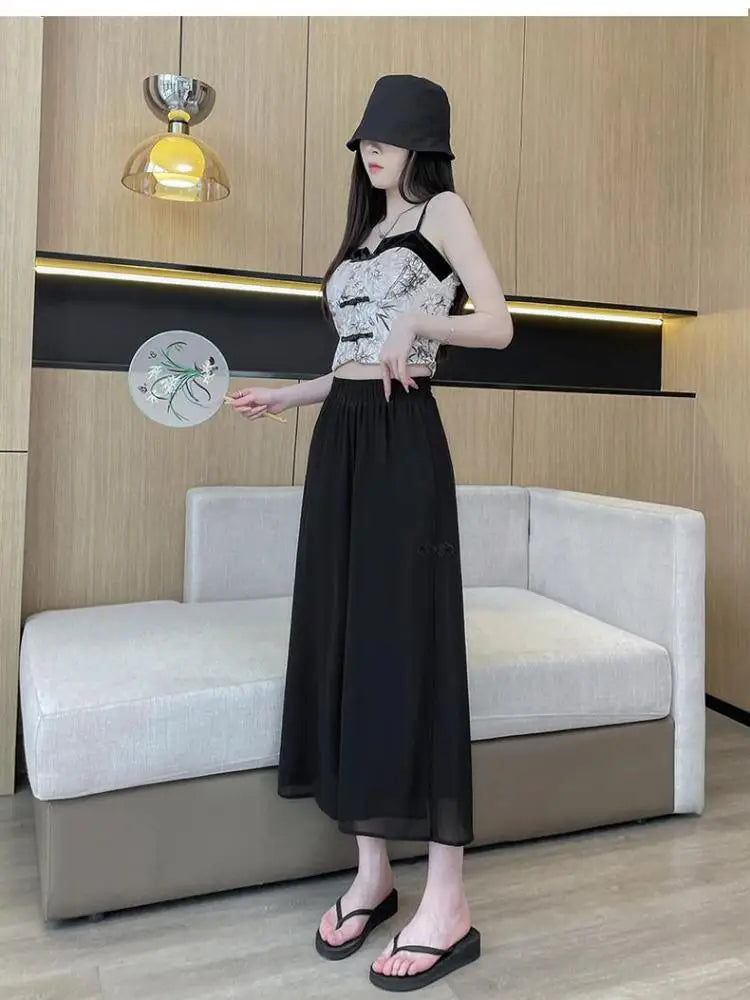 Chinese Style Summer Black Blue Elastic High Waist Ankle-length Trousers Women Brown Wide Leg Pleated Pants Simplicity Clothing