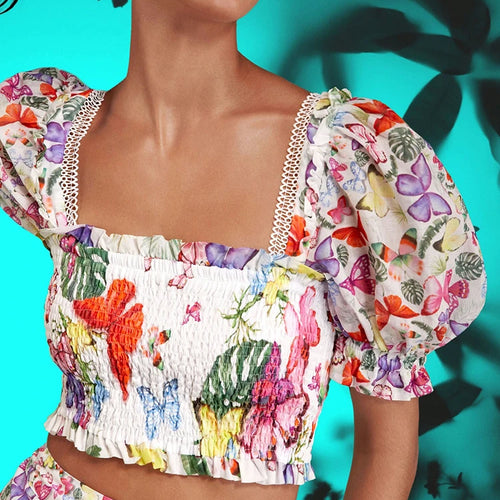 Load image into Gallery viewer, Floral Printing Two Piece Set For Women Square Collar Puff Sleeve Tops High Waist Spliced Ruffle Skirt Slim Sets Female New
