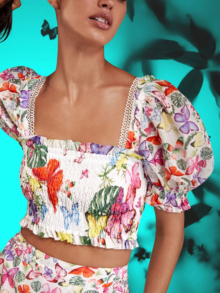 Floral Printing Two Piece Set For Women Square Collar Puff Sleeve Tops High Waist Spliced Ruffle Skirt Slim Sets Female New