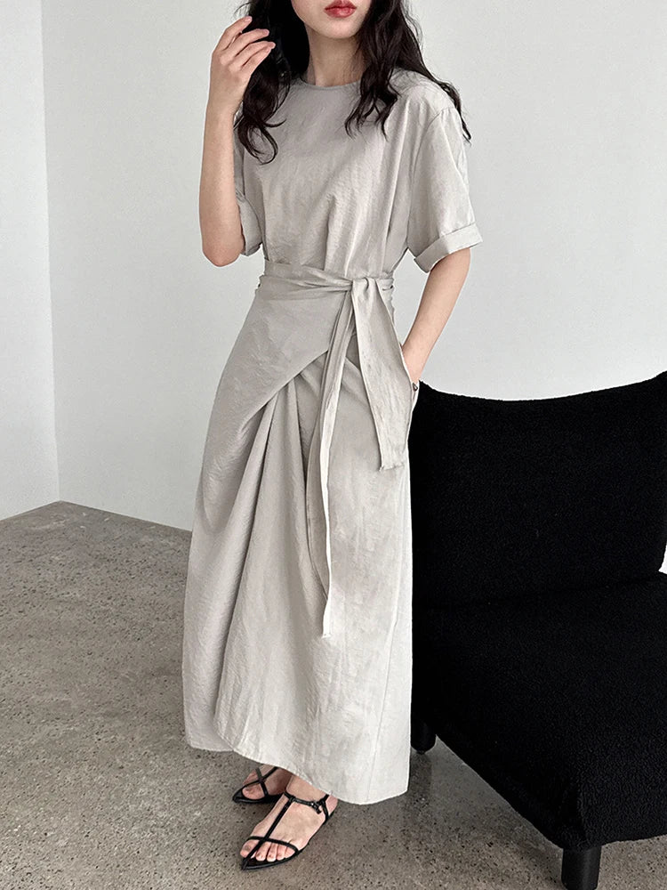 Women Navy Blue Cross Bandage Big Size Elegant Midi Dress New Round Neck Short Sleeve Fashion Spring Summer 2025 1DJ1359