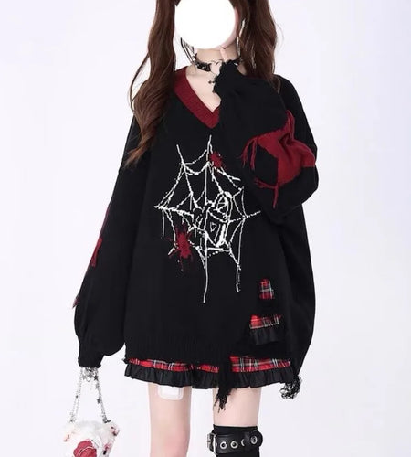 Harajuku Y2k Sweater Women Spider Web Jacquard Streetwear Vintage Ripped Oversized Jumpers Grunge Aesthetic Loose Pullovers Tops