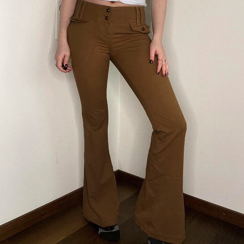 Vintage Fashion Skinny Low Waist Pants Female Buttons Y2K Aesthetic Flared Trousers Basic Boot Cut Capris Bottoms New