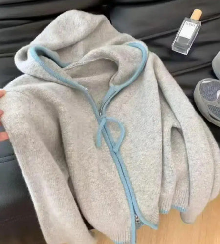 Korean Style Women Grey Blue Patchwork Elegant Long Sleeve Office Knitted Tops Autumn Winter Hooded Zipper Sweater 2024 Popular