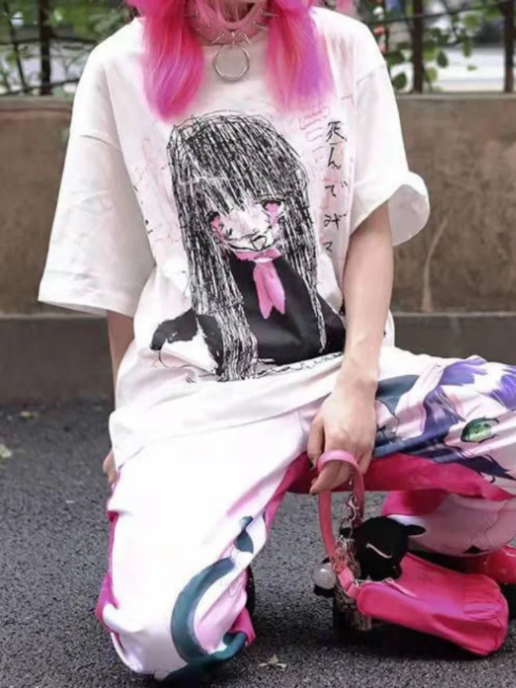 Kawaii Cute Japanese Loose Cartoon Print T-shirt Casual O Neck 2025 Summer Tops Women Short Sleeve Y2k Aesthetic All Match Tees