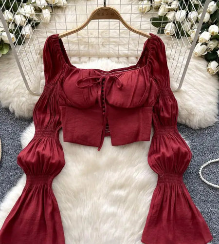 Autumn French Solid Ruffle Edge Lace-up Shirt Women Long Sleeves Square Neck Slim Short Tops Versatile Button Pleated Blouse New