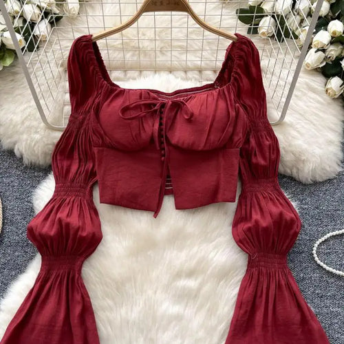 Load image into Gallery viewer, Autumn French Solid Ruffle Edge Lace-up Shirt Women Long Sleeves Square Neck Slim Short Tops Versatile Button Pleated Blouse New
