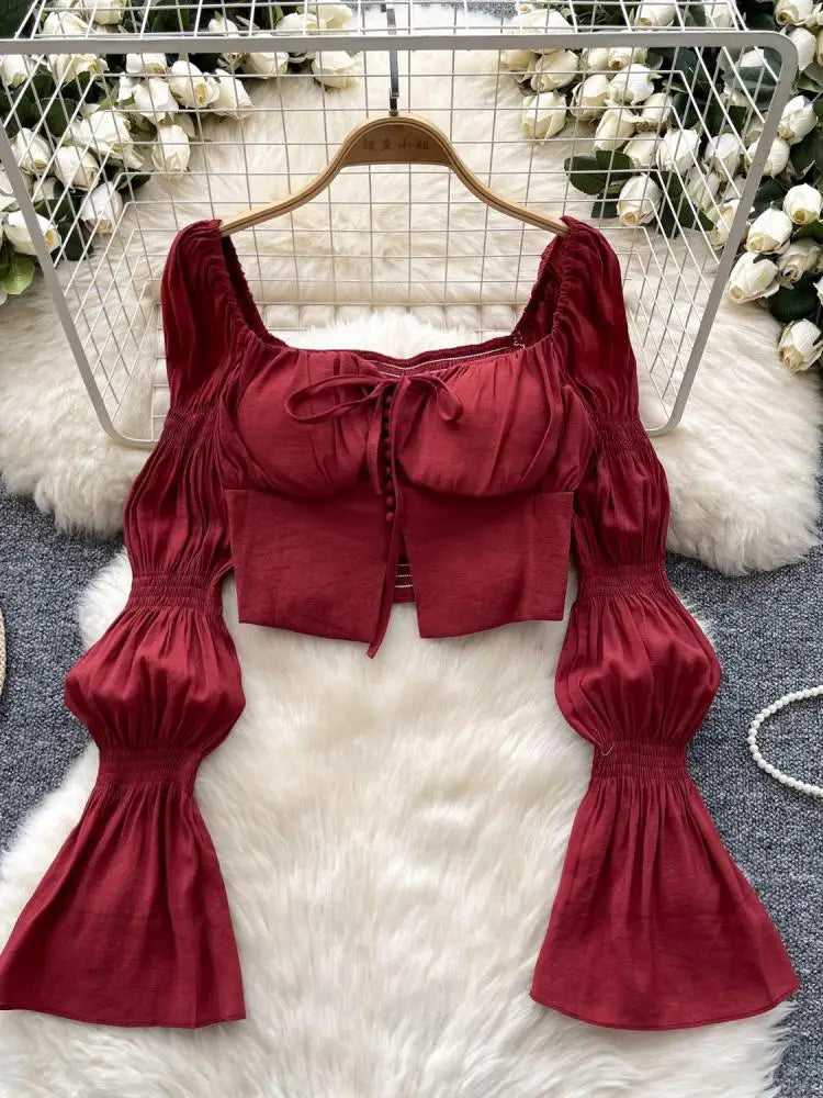 Autumn French Solid Ruffle Edge Lace-up Shirt Women Long Sleeves Square Neck Slim Short Tops Versatile Button Pleated Blouse New