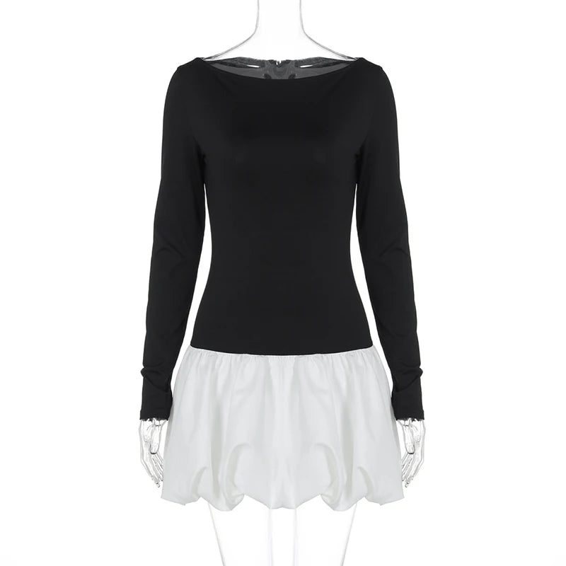 Patchwork Long Sleeve Sexy Mini Dress For Women Color Contrast High Waist A-line Club Party Sexy Puffy Dress Elegant