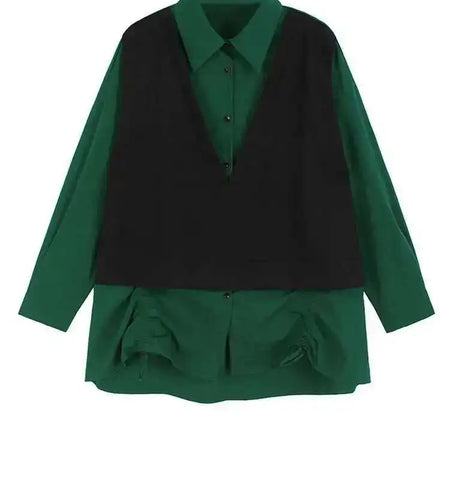 Women Green Drawstring Big Size Color-block Blouse New Lapel Long Sleeve Shirt Fashion Tide Spring Autumn 2025 1DH9382