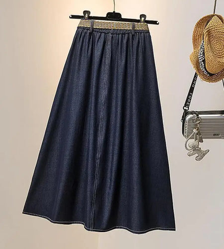 Spring Summer Vintage Blue Single Breasted Party Pleated Denim Midi Skirt Women Elastic High Waist Large Size Pockets Jean Skirt