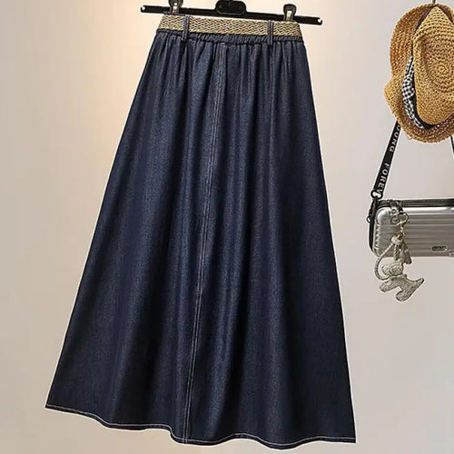 Load image into Gallery viewer, Spring Summer Vintage Blue Single Breasted Party Pleated Denim Midi Skirt Women Elastic High Waist Large Size Pockets Jean Skirt
