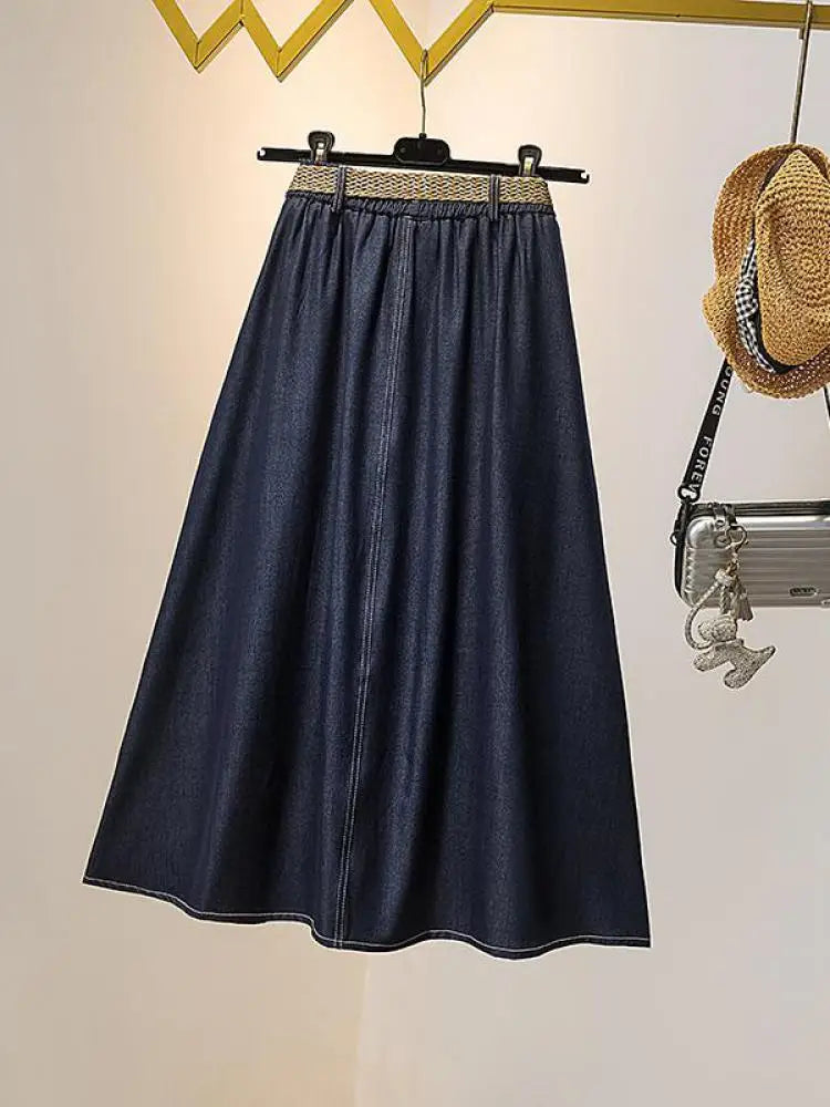 Spring Summer Vintage Blue Single Breasted Party Pleated Denim Midi Skirt Women Elastic High Waist Large Size Pockets Jean Skirt