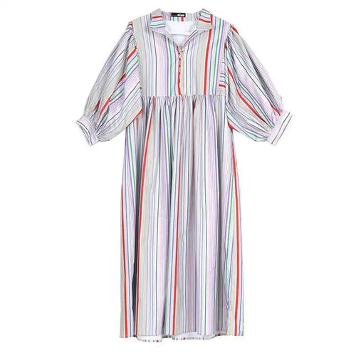 Load image into Gallery viewer, Women Striped Spliced Long Shirt Dress New Stand Collar Three-quarter Sleeve Loose Fit Fashion Spring Autumn 2025 1DE0219

