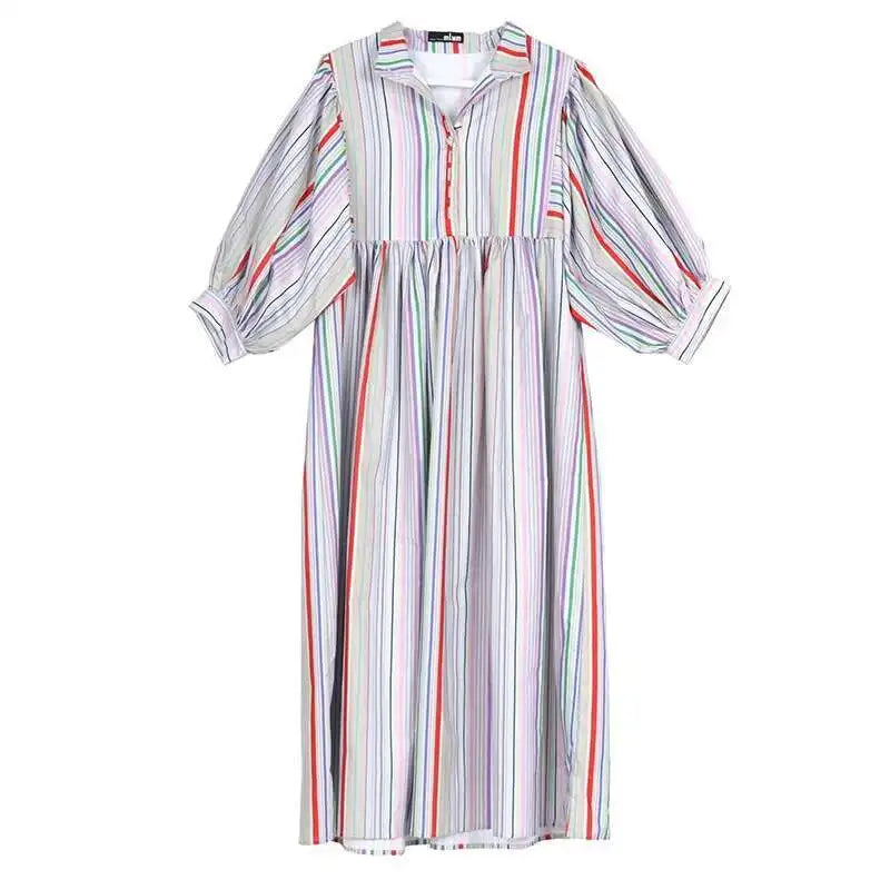 Women Striped Spliced Long Shirt Dress New Stand Collar Three-quarter Sleeve Loose Fit Fashion Spring Autumn 2025 1DE0219