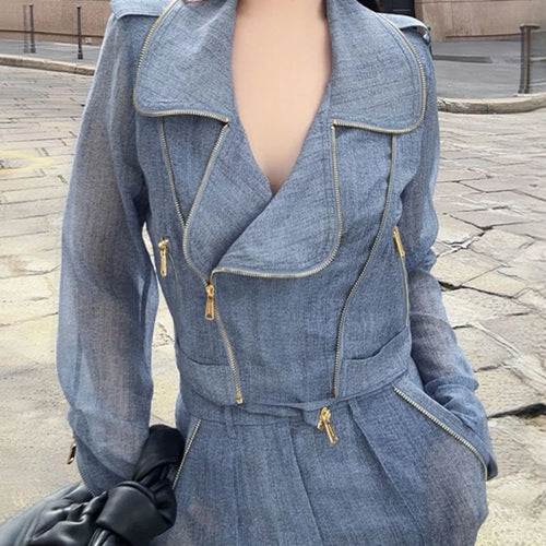 Load image into Gallery viewer, Slimming Sheer Two Piece Sets for Women Lapel Long Sleeves Spliced Zippers Top High Waist Pant Set Female Clothing
