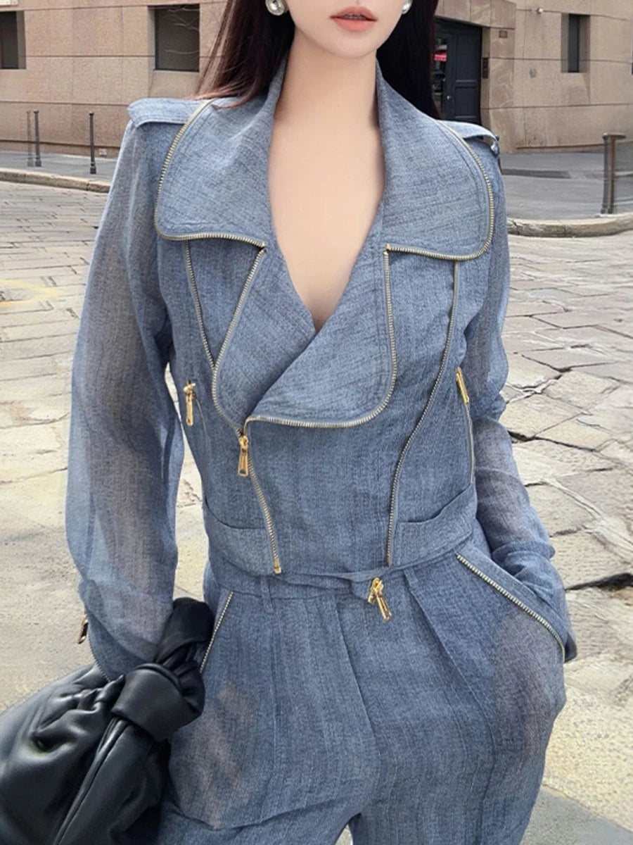 Slimming Sheer Two Piece Sets for Women Lapel Long Sleeves Spliced Zippers Top High Waist Pant Set Female Clothing