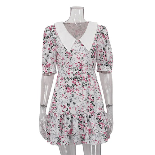 Load image into Gallery viewer, Short Sleeve Floral Mini Dress For Women Robe Turn-down Collar Elegant French Dress Ladies Fashion High Waist Dresses
