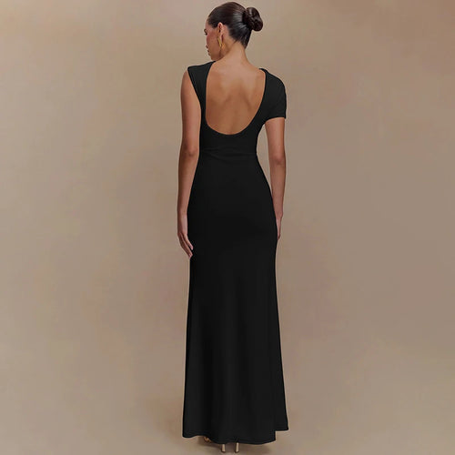 Load image into Gallery viewer, Hollow Out Backless Sexy Maxi Dress For Women Fashion Metal Buckle Solid Short Sleeve High Waist Slim Fit Long Dress
