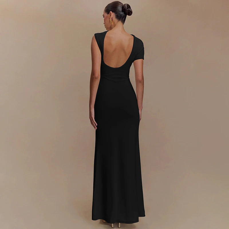 Hollow Out Backless Sexy Maxi Dress For Women Fashion Metal Buckle Solid Short Sleeve High Waist Slim Fit Long Dress