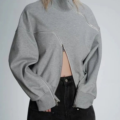 Load image into Gallery viewer, Casual Solid Sweatshirts For Women Turtleneck Long Sleeve Patchwork Zipper Irregular Loose Sweatshirt Female Fashion Style
