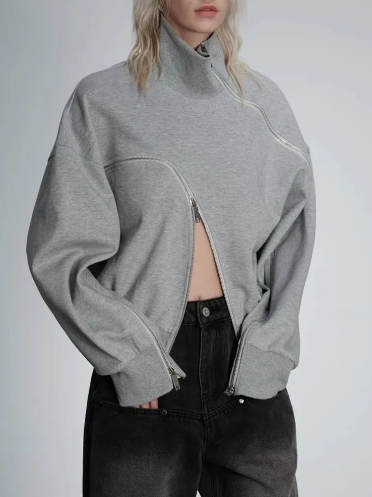 Casual Solid Sweatshirts For Women Turtleneck Long Sleeve Patchwork Zipper Irregular Loose Sweatshirt Female Fashion Style