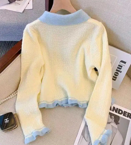 Autumn Winter Black Beige Patchwork Long Sleeves Knitted Sweater French Fashion Women's Elegant Single Breasted Bow Tops Vintage