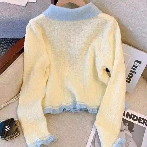 Load image into Gallery viewer, Autumn Winter Black Beige Patchwork Long Sleeves Knitted Sweater French Fashion Women's Elegant Single Breasted Bow Tops Vintage
