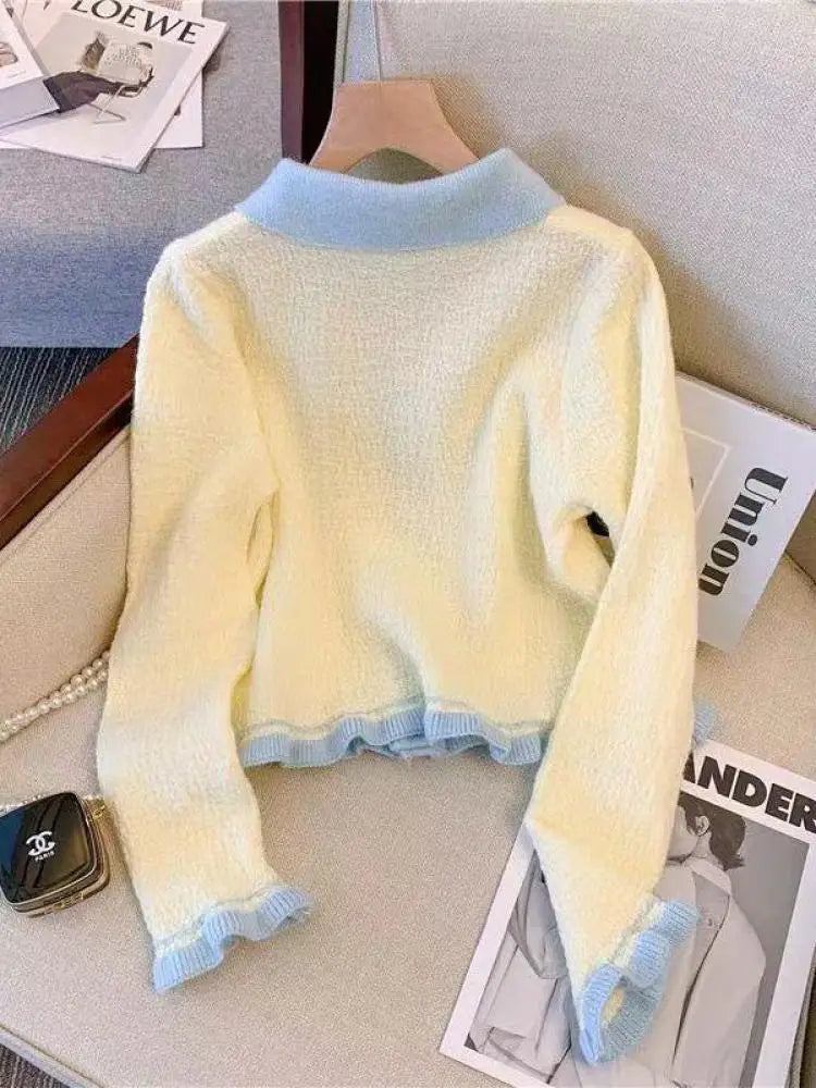 Autumn Winter Black Beige Patchwork Long Sleeves Knitted Sweater French Fashion Women's Elegant Single Breasted Bow Tops Vintage