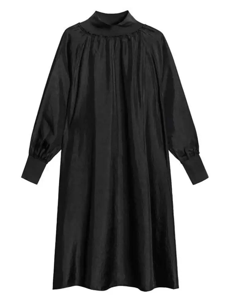 Women Gray Brief Long Big Size Elegant Dress New Turtleneck Long Sleeve Loose Fit Fashion Tide Spring Autumn 2025 1DH0252