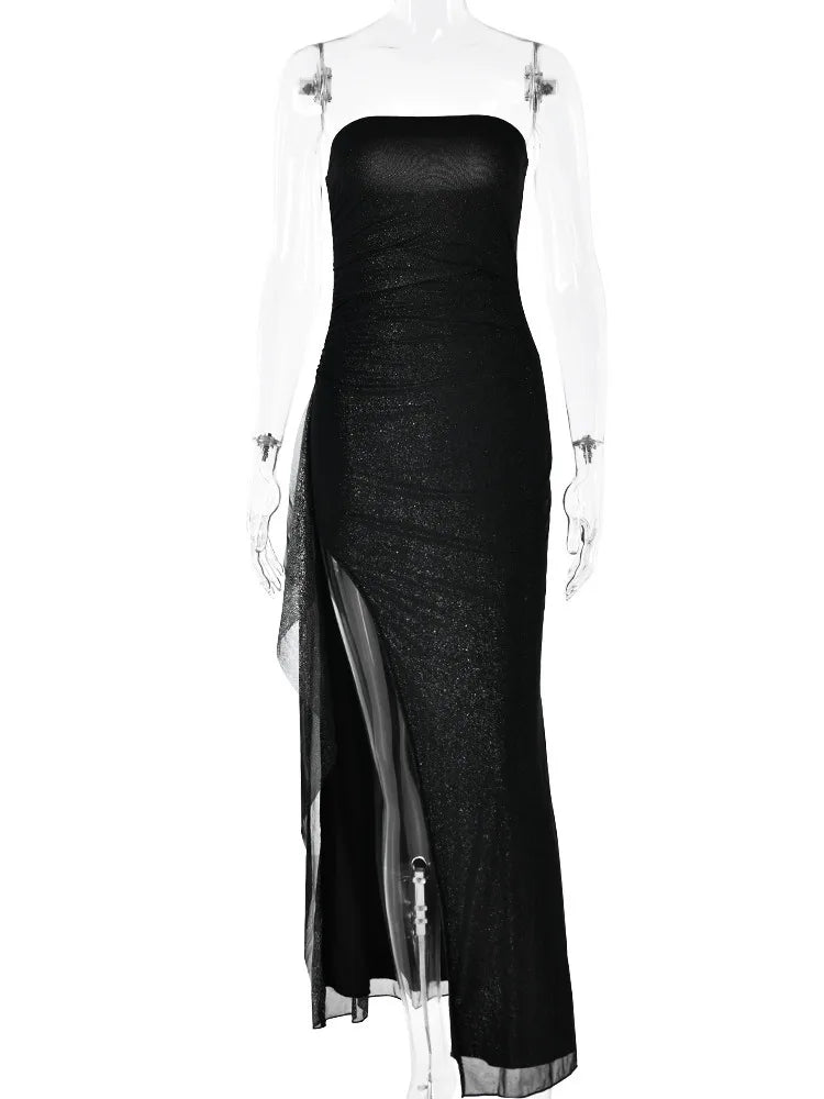 Elegant Strapless Bodycon High Slit Evening Gown Women Sexy Sleeveless Backless Tight Long Dress Slim Party Club Vestido