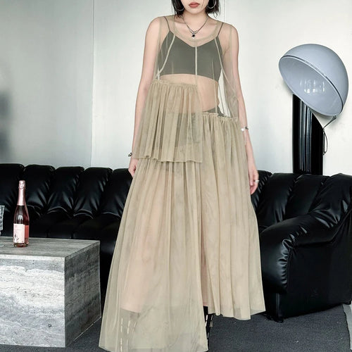 Load image into Gallery viewer, Women Black Khaki Mesh Perspctive Big Size Long Dress New Round Neck Sleeveless Fashion Tide Spring Autumn 2025  1DJ1064
