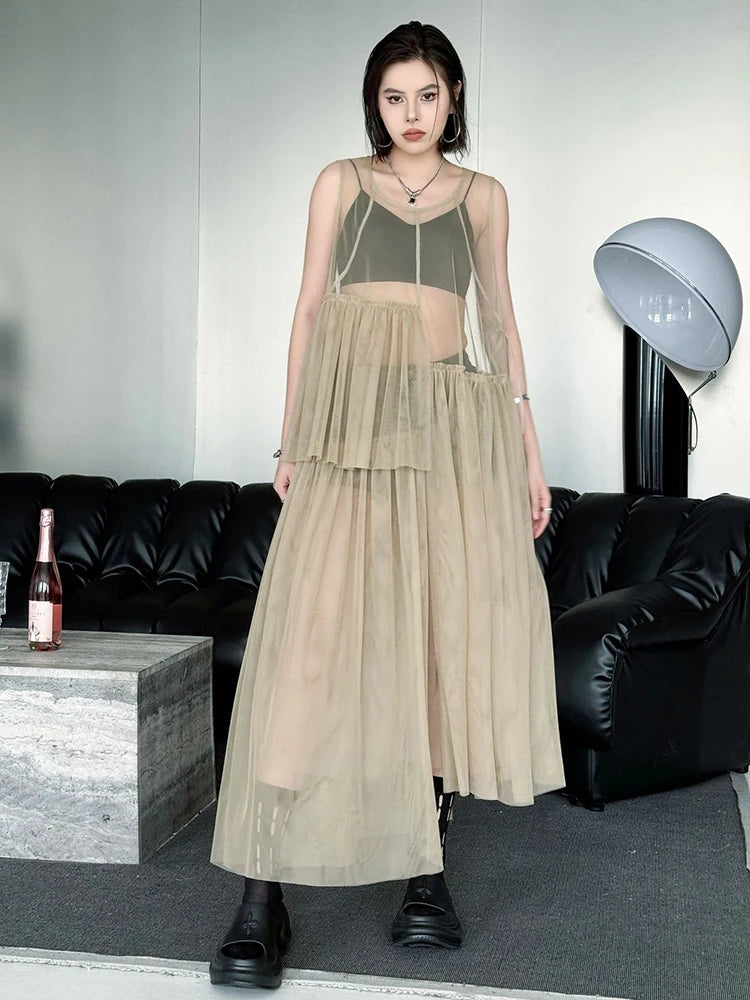 Women Black Khaki Mesh Perspctive Big Size Long Dress New Round Neck Sleeveless Fashion Tide Spring Autumn 2025  1DJ1064
