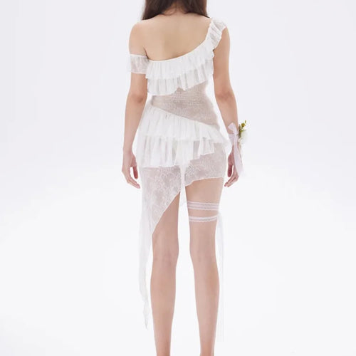 Load image into Gallery viewer, Sexy Lace Mesh Patchwork Ruffle Edge Perspective Dress Women Body Irregular Tight Dress Party Vacation Beach Vestido
