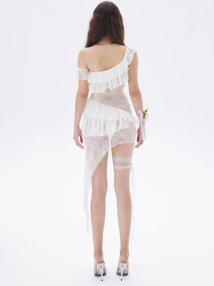 Sexy Lace Mesh Patchwork Ruffle Edge Perspective Dress Women Body Irregular Tight Dress Party Vacation Beach Vestido