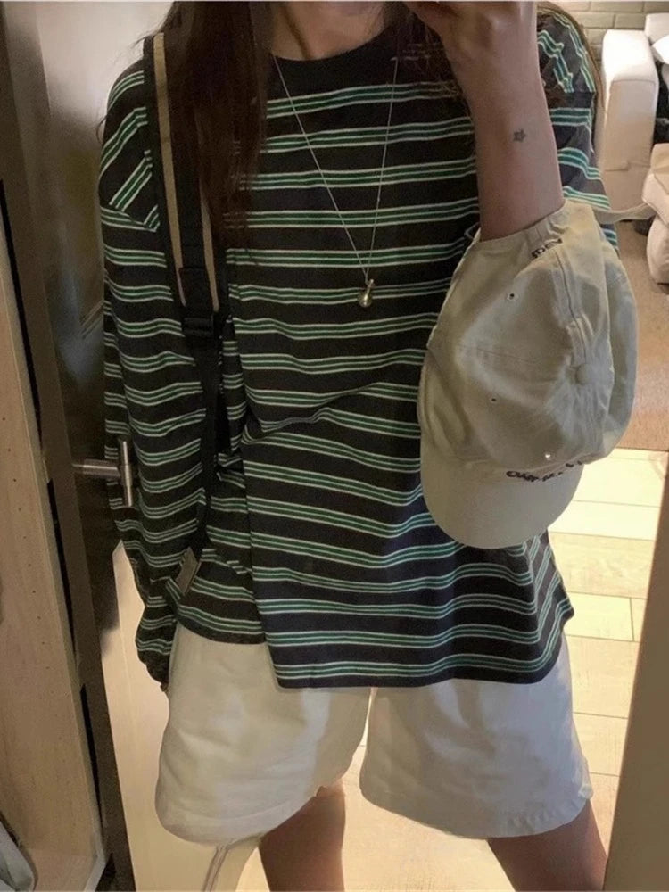 Simple Korean Woman T Shirts 2024 Ropa Mujer Vintage Long Sleeve Loose Tees Fashion Camisetas Casual Striped Y2k Tshirt Tops