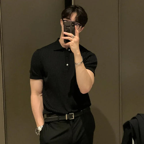 Load image into Gallery viewer, Summer Men&#39;s T-shirts Knitted Business Casual Korean Style Turn-down Collar Short Sleeve Pullover Male Tops 9C6346
