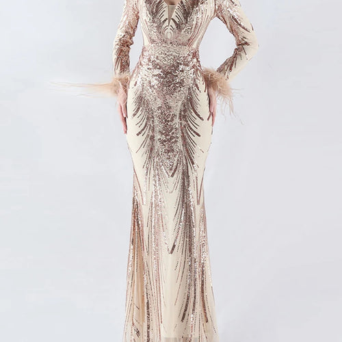 Load image into Gallery viewer, Solid Spliced Feather Slimming Dresses For Women V Neck Long Sleeve High Waist Temperament Dress Female Fashion New
