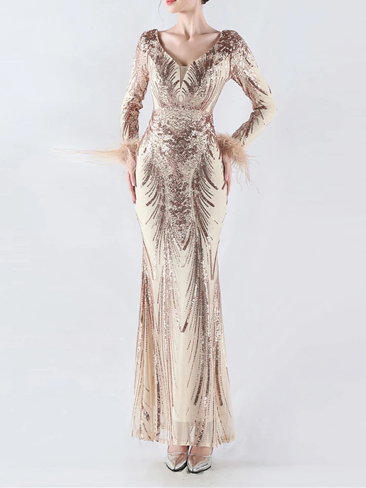 Solid Spliced Feather Slimming Dresses For Women V Neck Long Sleeve High Waist Temperament Dress Female Fashion New