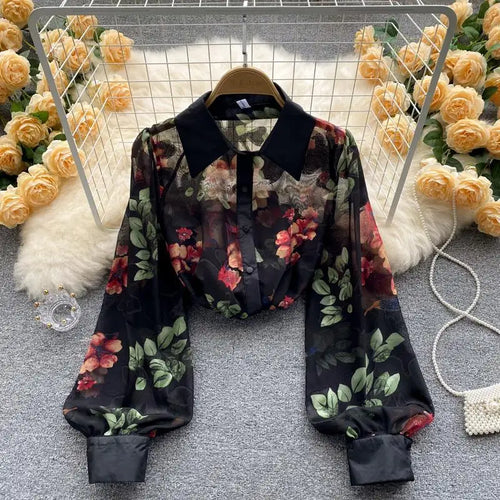 Load image into Gallery viewer, Fashion Print Shirt or Women Long Sleeve Turn Down Collar Korean Fashion Blouse Laides Vintage Button Up Casual Top
