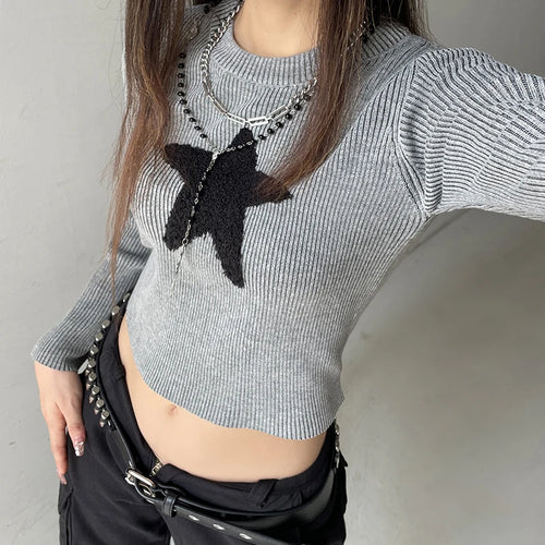 Load image into Gallery viewer, Korean Fashion Star Patched Autumn Sweater Knitted Casual Cute Crop Top Pullover Slim Preppy Style Knitwear Jumpers
