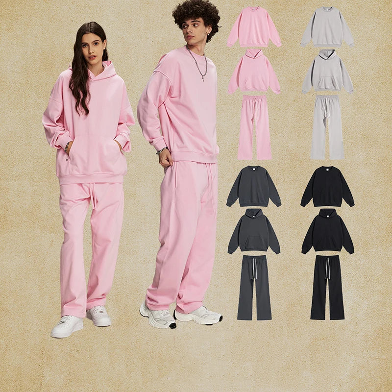 Spring Men's Two-piece Sets Casual Solid Color Sweatshirts Drawstring Elastic Waist Straight Wide Leg Male Pants 9W129